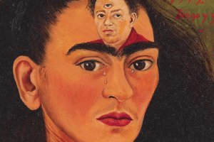 Скръбен автопортрет на Фрида Кало който показва и нейния неверен съпруг Диего Ривера в